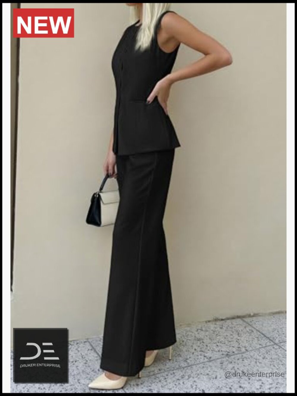 2 Piece Vest and Wide Leg Pants Set - Sleeveless Blazer Suit - Business Casual - Picture 4 of 7